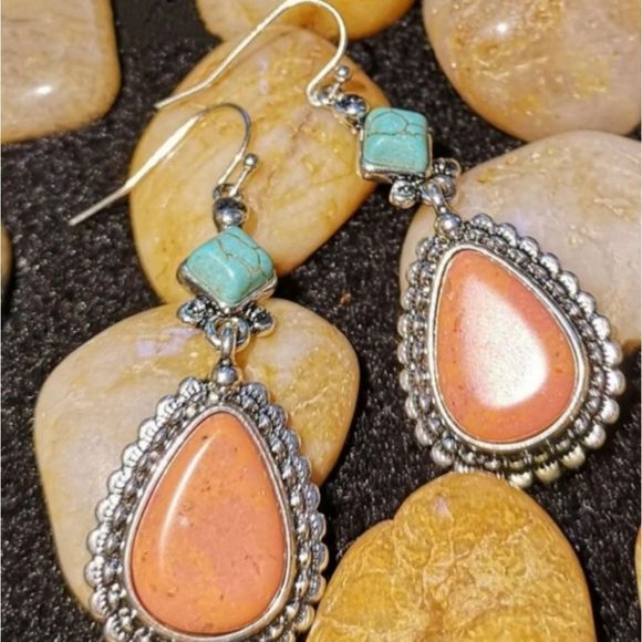 Boho Turquoise and Coral Silver Plated Drop Earrings - Picture 3 of 5